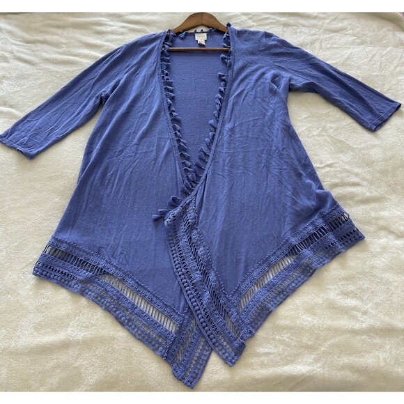 Chicos Kimono Size 1 Medium Linen Tassel Fringe Crochet Coastal Cruise Cardigan - Picture 5 of 11